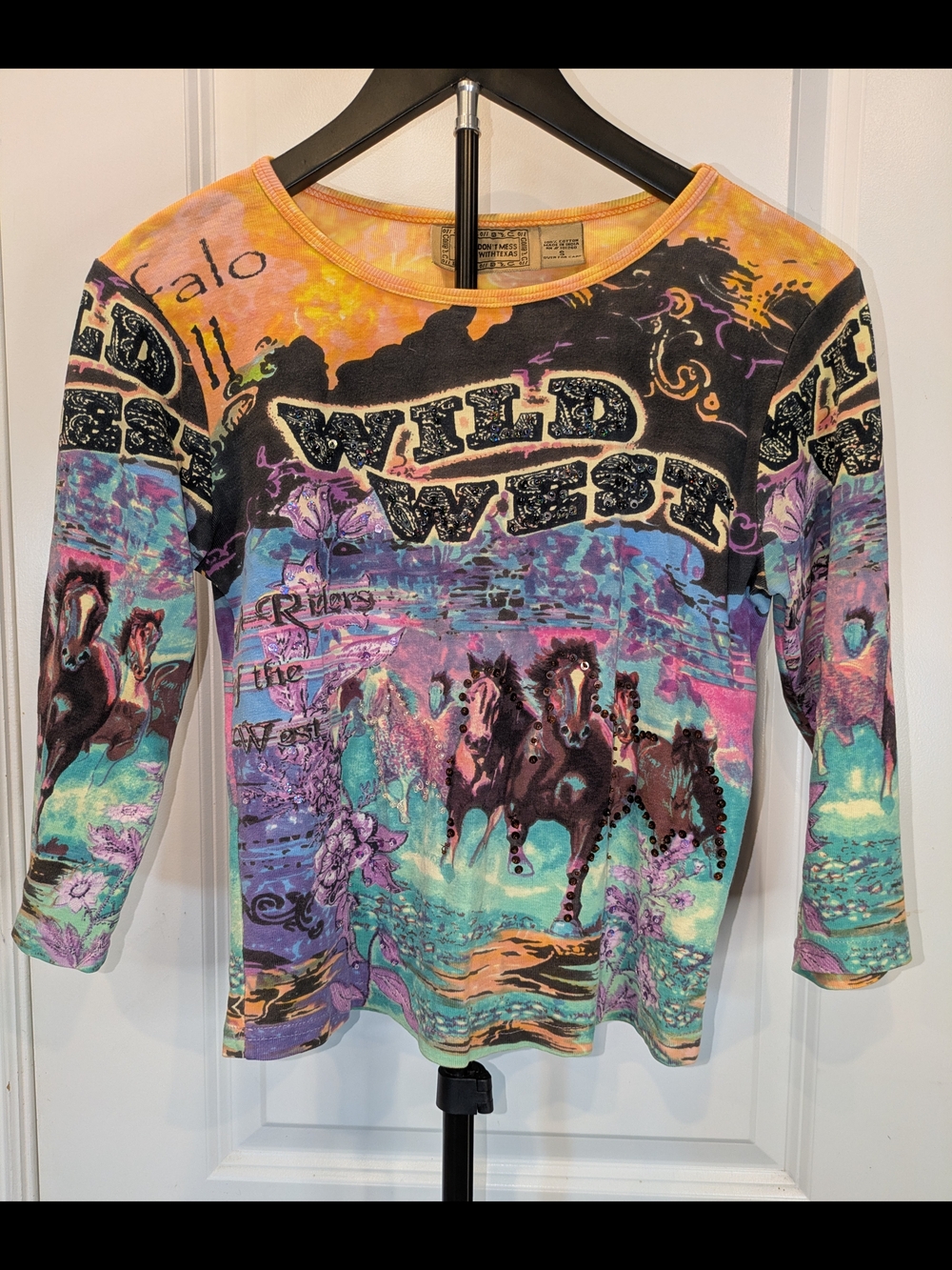 Don’t Mess With Texas Wild West Horse Rhinestone 3/4 Sleeve Top S Y2K Western